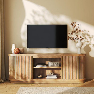 Meuble télé 67 po avec portes coulissantes pour téléviseur de 75 po ou moins, brun clair