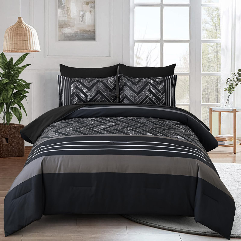 7-Piece Stripe Geometric Comforter Set, Soft Microfiber All-Season Complete Bedding Set, Black
