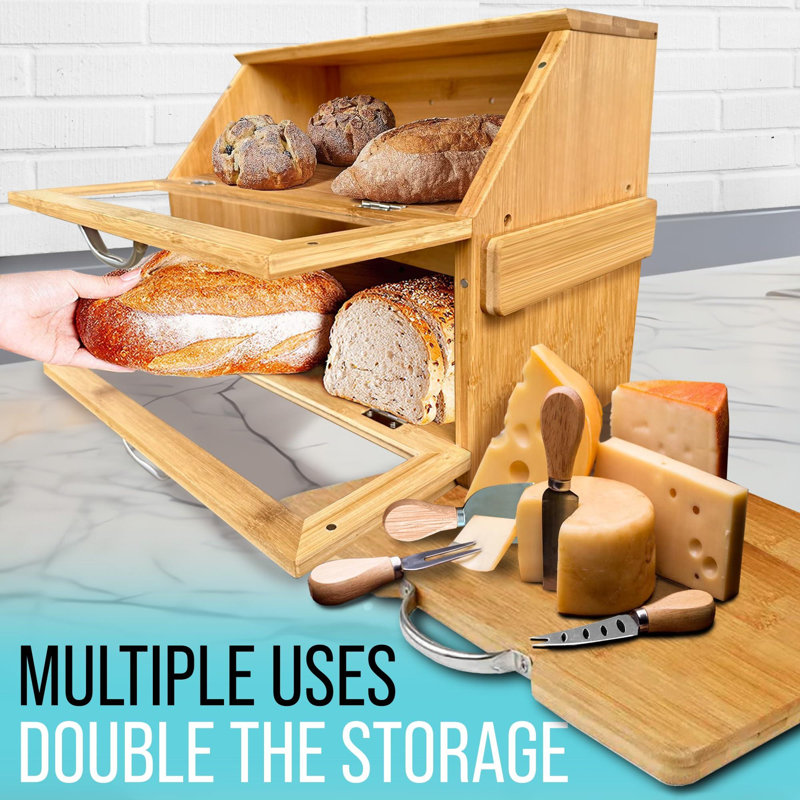 Breadbox With Cutting Board And Knife Set | 7 Piece Combo Set | Bread Boxes For Kitchen Counter | Bread Storage Container |Bamboo Bread Box Plain