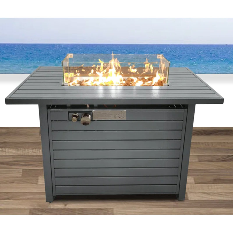 Rectangular Steel Propane Fire Pit Table - 42"X25", Gray, With Lid, Provides Outdoor Warmth And Relaxation Lid Steel, Adds To Setting