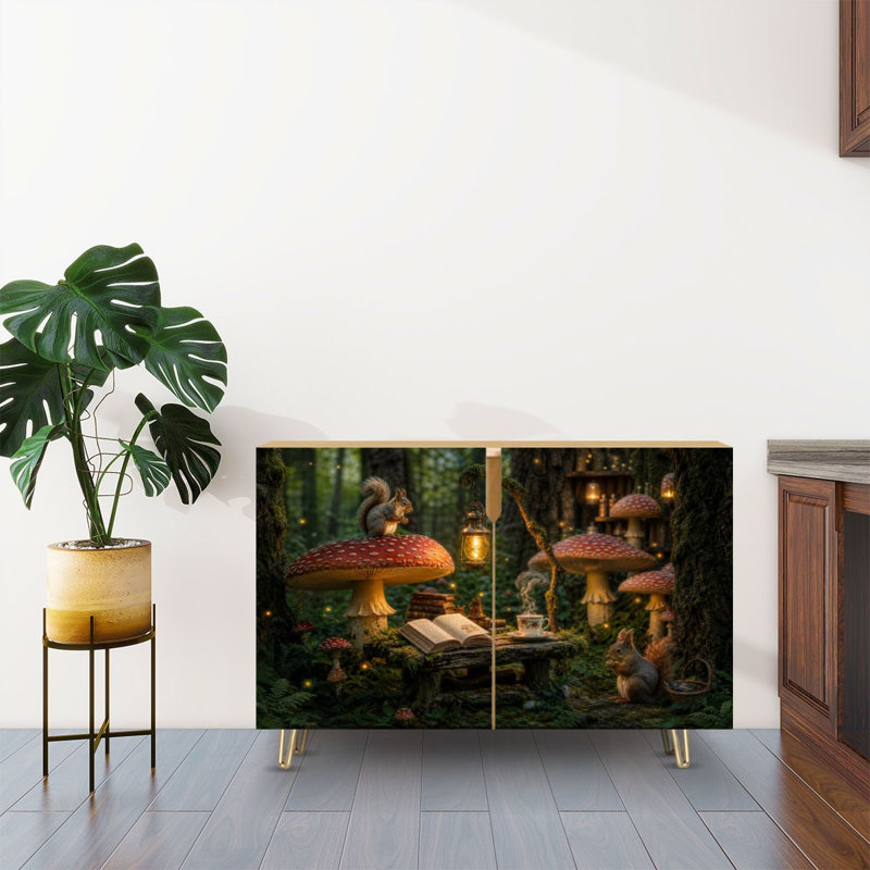 Buffet buffet avec rangement fantaisiste, scène de forêt, lanternes rouges avec 2 portes pour le salon et la cuisine