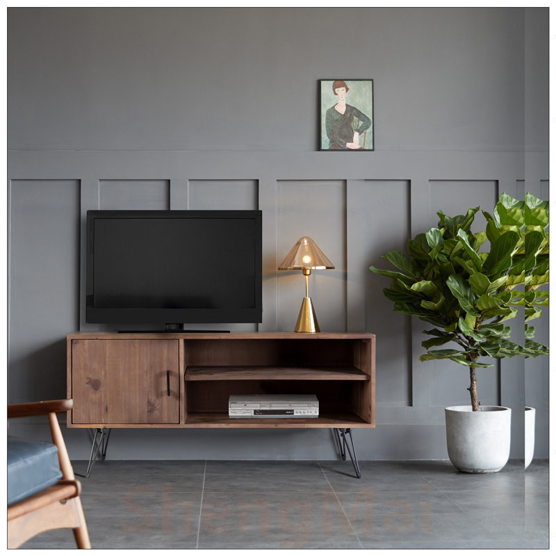 Meuble télé simple, moderne et rétro en bois récupéré avec armoire et tablettes ouvertes pour le salon