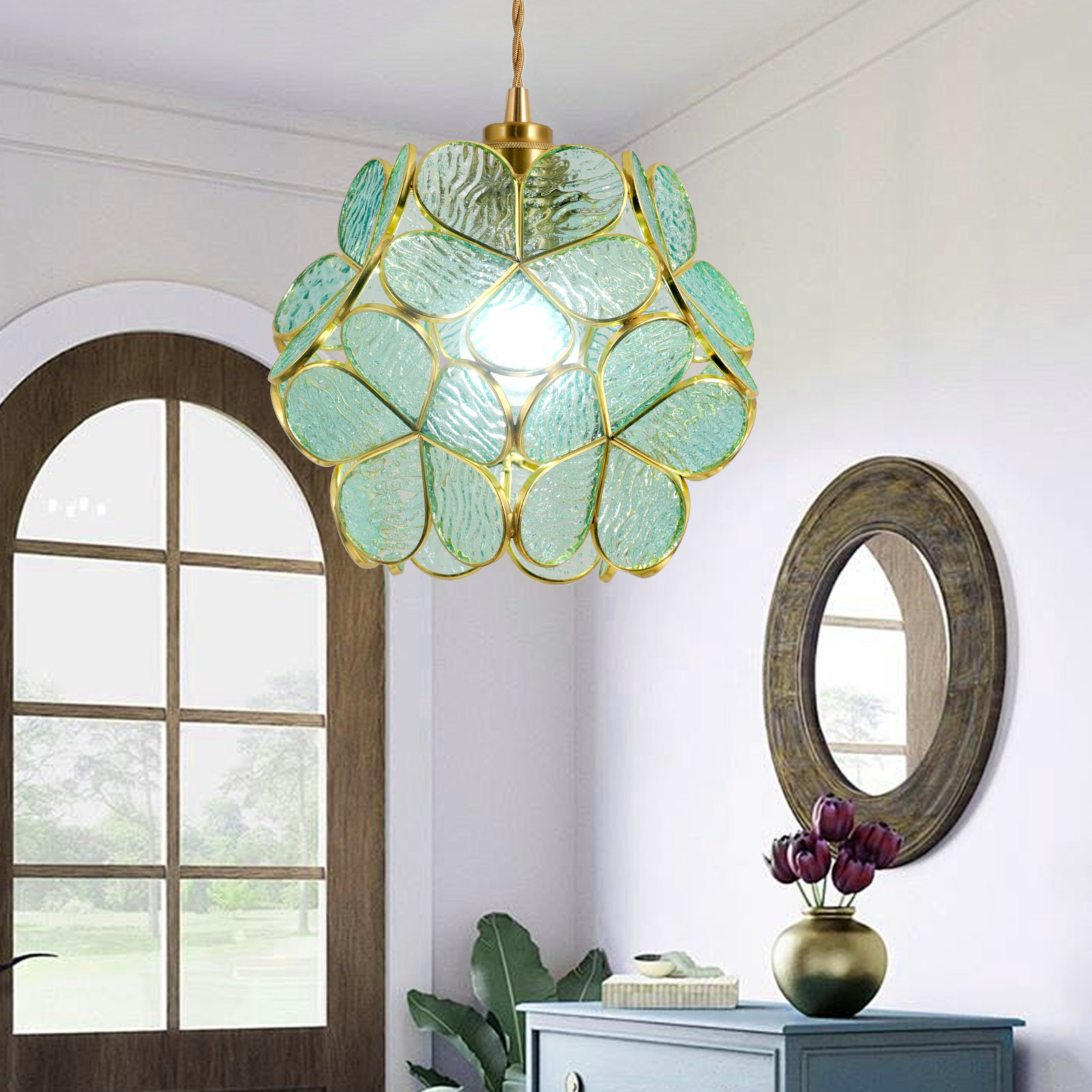 Rosdorf Park Flower Petals Tiffany-Style Stained Glass Ceiling