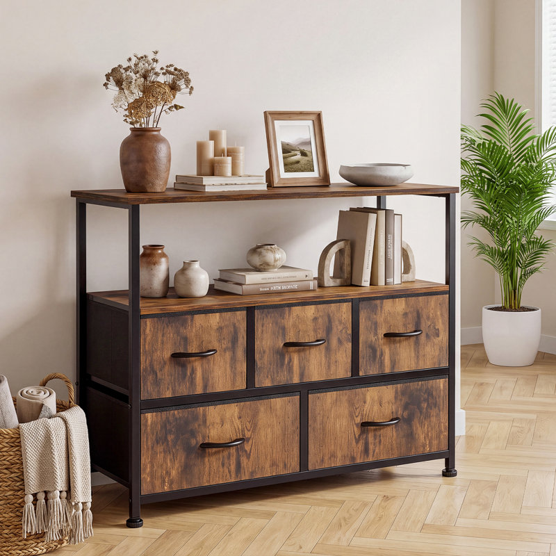 Commode à 5 tiroirs avec tablette ouverte, meuble télé en bois et métal, Brun rouille