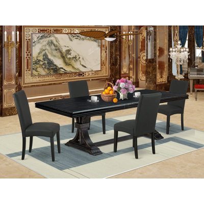 L'ensemble de table de salle à manger 5 pièces se compose d'une table de cuisine et de 4 chaises de salle à manger en tissu de lin noir avec dossier rembourré au fini noir sablé.