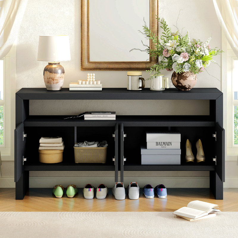 Buffet 60 po à 4 portes, placage en bois massif minimaliste moderne avec tablette ouverte, grain de bois naturel, console de rangement de grande capacité pour le salon, le couloir et la salle à manger