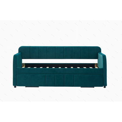 Twin Upholstered Daybed Frame with Trundle, Twin Size Sofa Bed for Bedroom Living Room Guest Room, Wood Slat Support,Emerald by Latitude Run