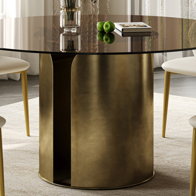 59-Inch Round Dining Table, Dark Brown Glass Tabletop Dining Table, With Antique Copper Carbon Steel Leg Base, Suitable For Family Kitchen And Living Room
