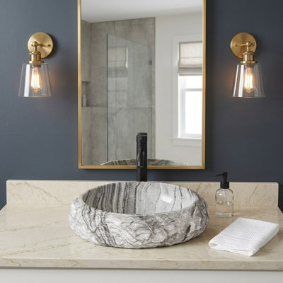 Lavabo vasque de salle de bain rond à surface solide 19 "avec extérieur en pierre ciselée blanc moucheté