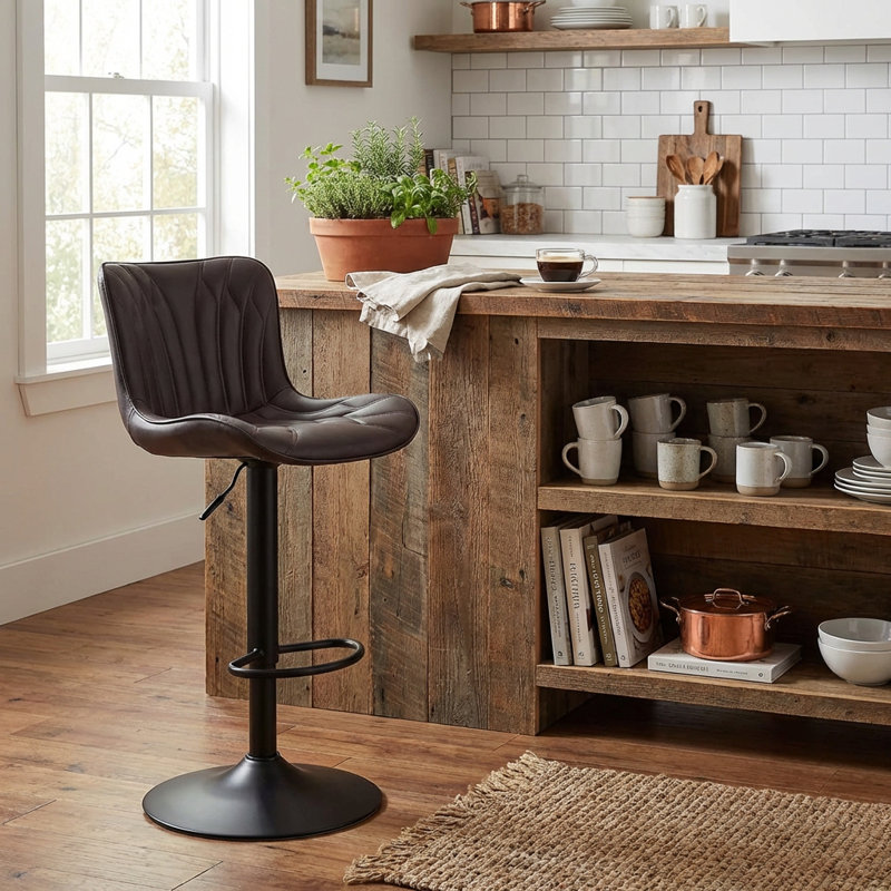 Swivel Adjustable Height Faux Leather Bar Stool, Brown