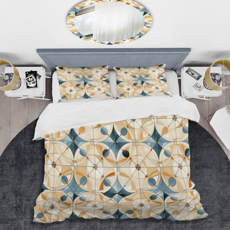 Ensemble de housse de couette antique beige et bleu Marrocan Tiles III, Housse de couette pour grand lit et 2 taies décor
