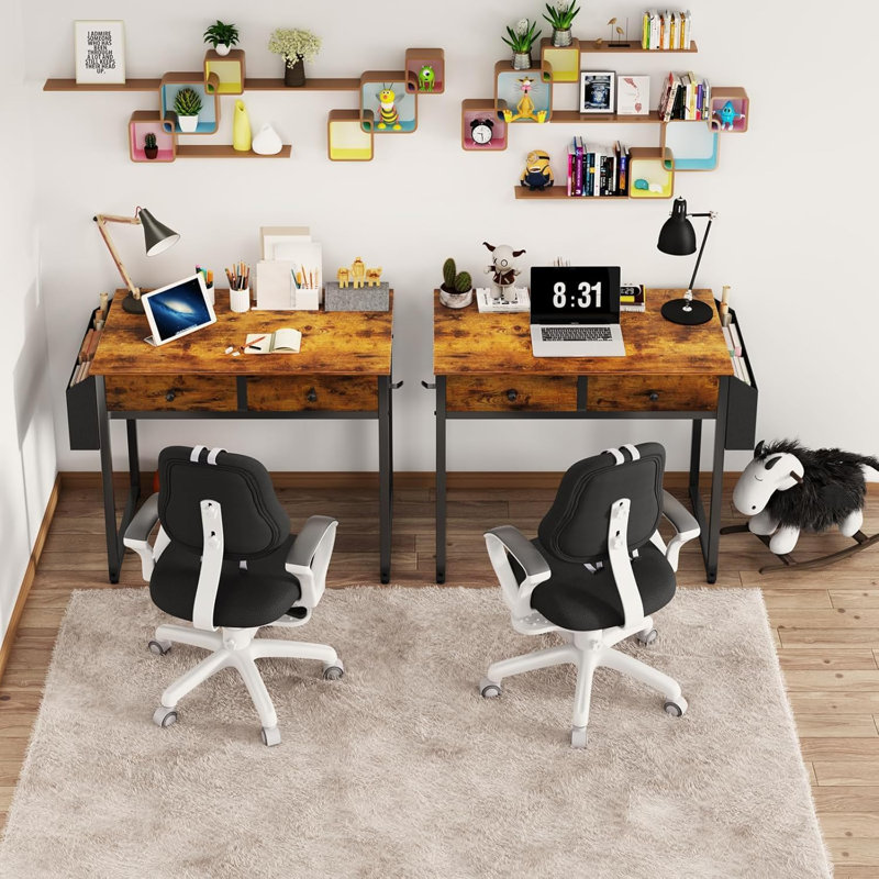 Small Computer Desk Home Office Desk With 2 Drawers, Brown/Black