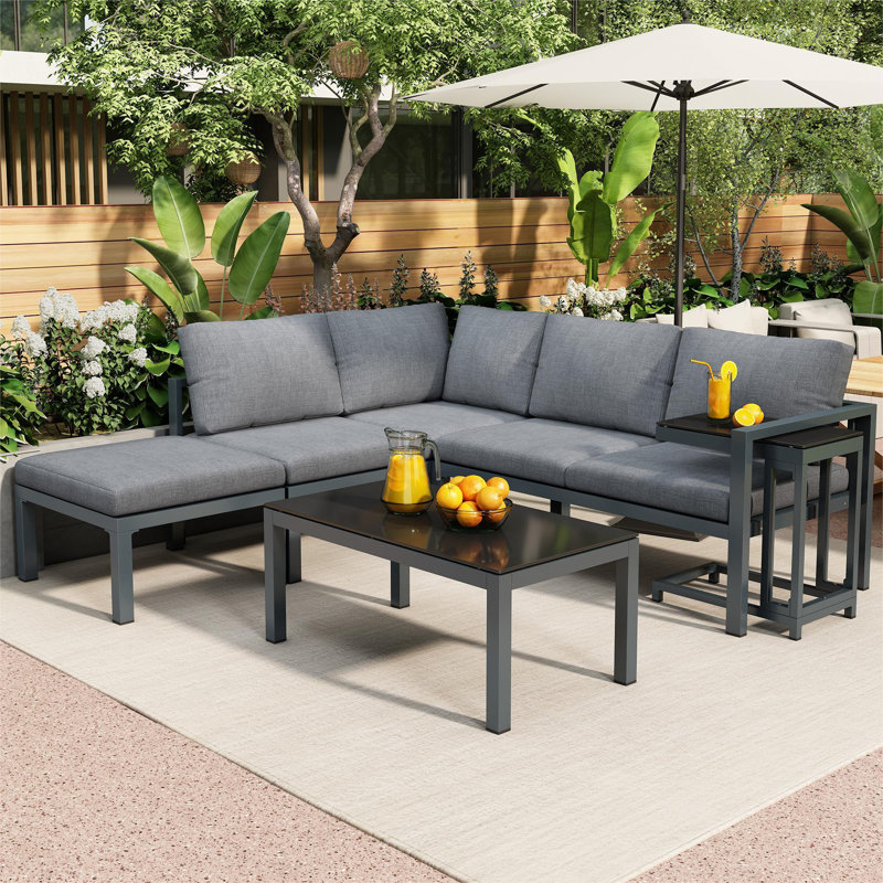 6-8 Seater Garden Furniture Package With A Coffee Table And A Removable Side Table, Grey, Grey