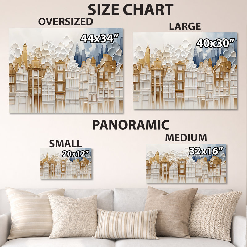 Skyline pliée - Impression sur métal beige représentant un paysage urbain, H 30 po x l 40 po
