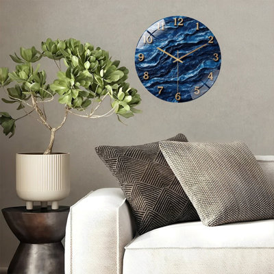 Clock Face With Blue Wavy Texture Art - 12'' Modern Glass Wall Clock