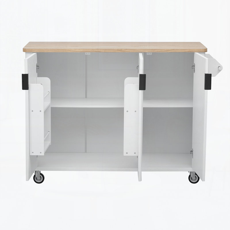 51" Fluted Kitchen Island With Drop Leaf, Farmhouse Accent Kitchen Island On Wheels With Internal Storage Rack, White