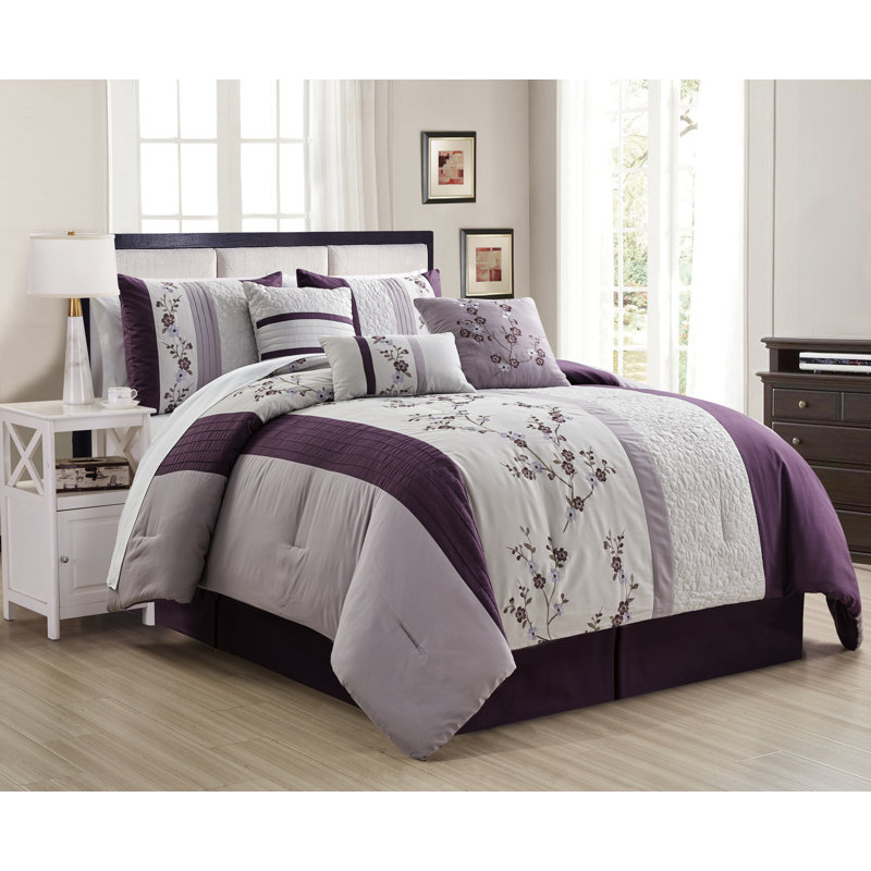 Modern & Contemporary Polyester Standard Floral Comforter, Queen Comforter+2 Shams+3 Throw Pillows, Purple/Lavender/Gray