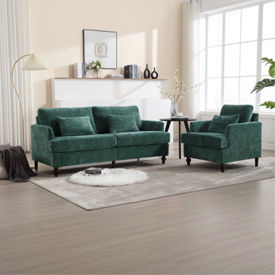 Mid Century Modern chenille Fabric Loveseat sofa, 2-Seat Upholstered Loveseat Sofa Modern Couch for Living Room,Brown wood feet sofa for Bedroom, Reading (Emerald Chenille)
