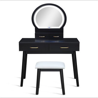 3Pc Vanity Table And Stool Set Built-In Led-Lit Mirror Matching Cushioned Stool Gold-Accented Handles Wooden Home Furniture