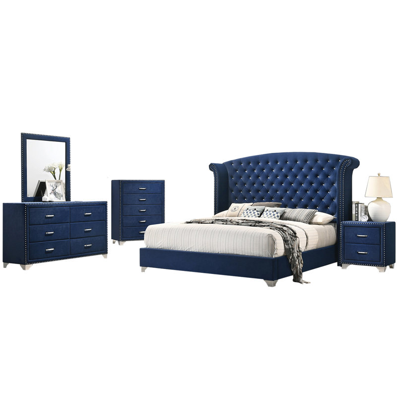 Lansdale Upholstered Sieigh Bedroom Set, Queen, Navy, Bed, Nightstand, Dresser, Dresser Mirror, Chest
