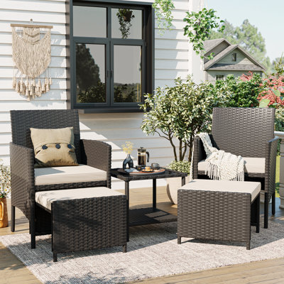 2-Person Wicker Patio Conversation Set With Ottoman and 2-Tier Glass Coffee Table