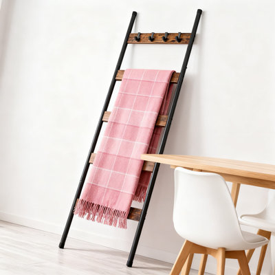 5-Tier Blanket Ladder With Hooks, Wall-Leaning Towel Rack For Blankets, Scarves & Decor, Industrial Rustic Display Shelf For Living Room, Bedroom