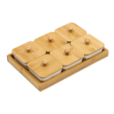 Cherith Ceramic Snack Serving Tray Removable Compartment Bowls with Bamboo Lids