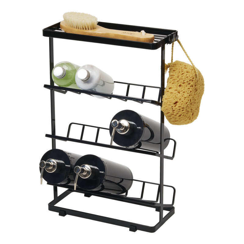 Black Steel Freestanding Shower Caddy with Hooks
