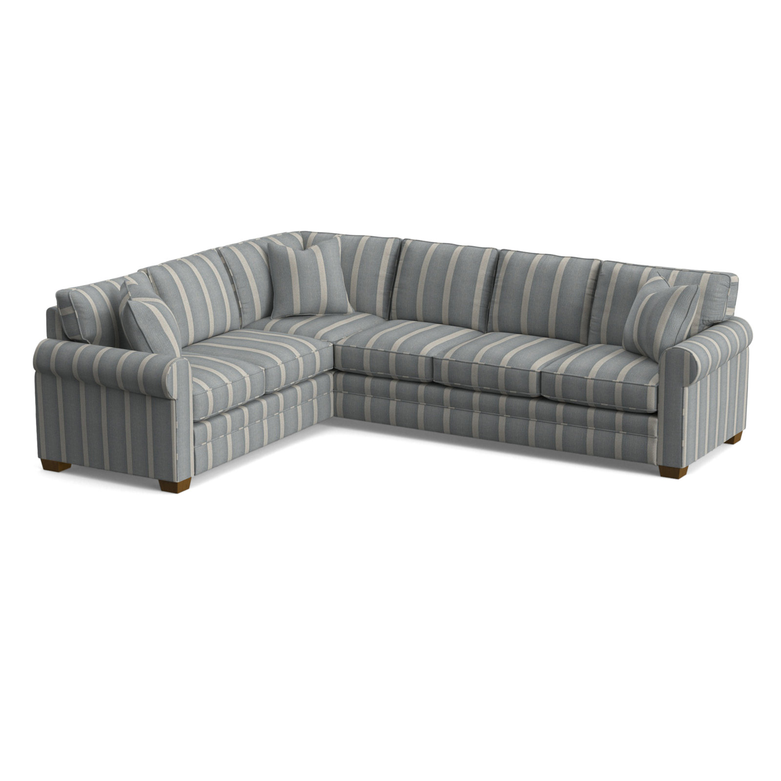 Bedford Upholstered L-Sectional, Light Blue and White Stripe; 0256-54, Left Hand Facing, Havana Finish
