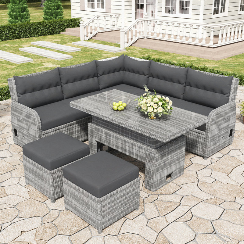 Patio Rattan Furniture Set with an Adjustable Table, Recliners with Extendable Side Tables