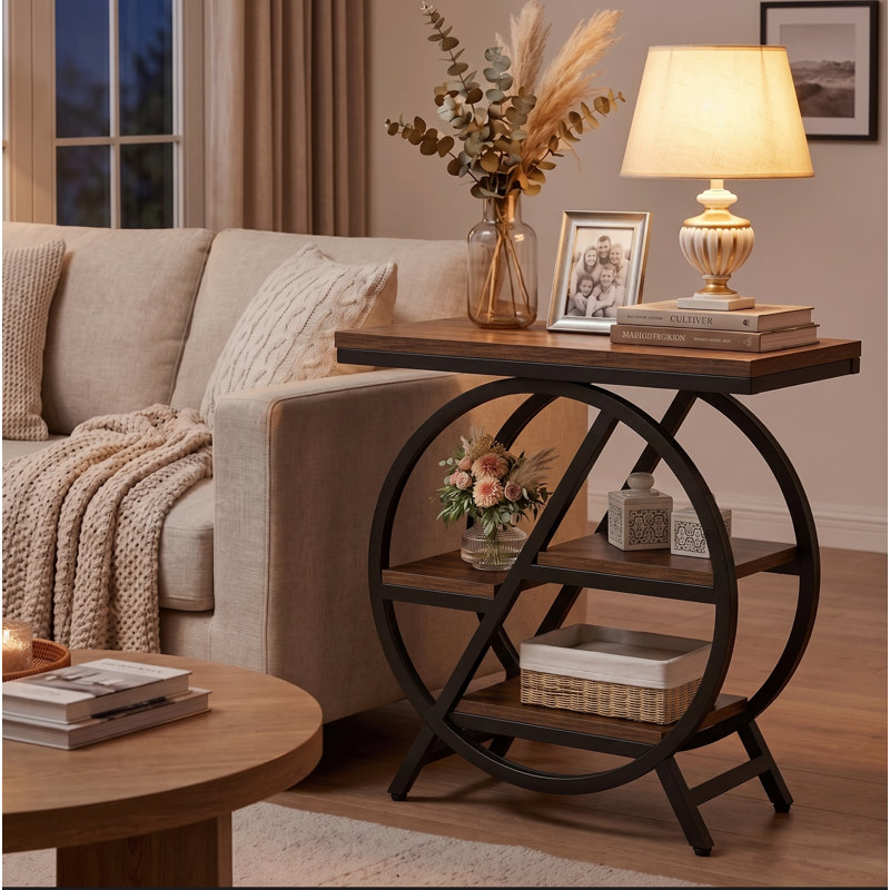 Zekira 25.59'' W 3-Shelf End Table, Rustic Brown/Black, Black