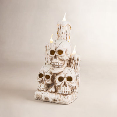 14.25"H Lighted Halloween Resin Skulls with Candles Table Decor w/Timer