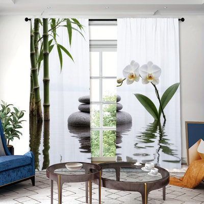 Rideau filtrant la lumière orchidée en bambou à 2 panneaux avec motif de réflexion de l'eau en pierres empilées, décoration intérieure à passe-tringle