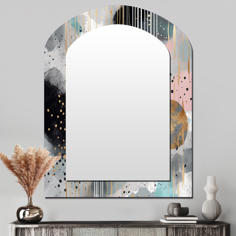 Grey and gold pastel Stripes Melody I - Shapes Arch Unique Wall Mirror, Modern Asymmetrical Mirror, Printed Metal Art