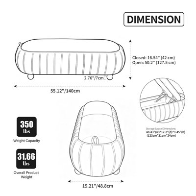 Banc de lit d'appoint capitonné de 140 cm de large avec coffre de rangement intégré, repose-pieds pouf en chenille et pieds en bois d'hévéa, idéal pour le salon, l'entrée, la chambre ou une chambre d'étudiant. Couleur : noir.