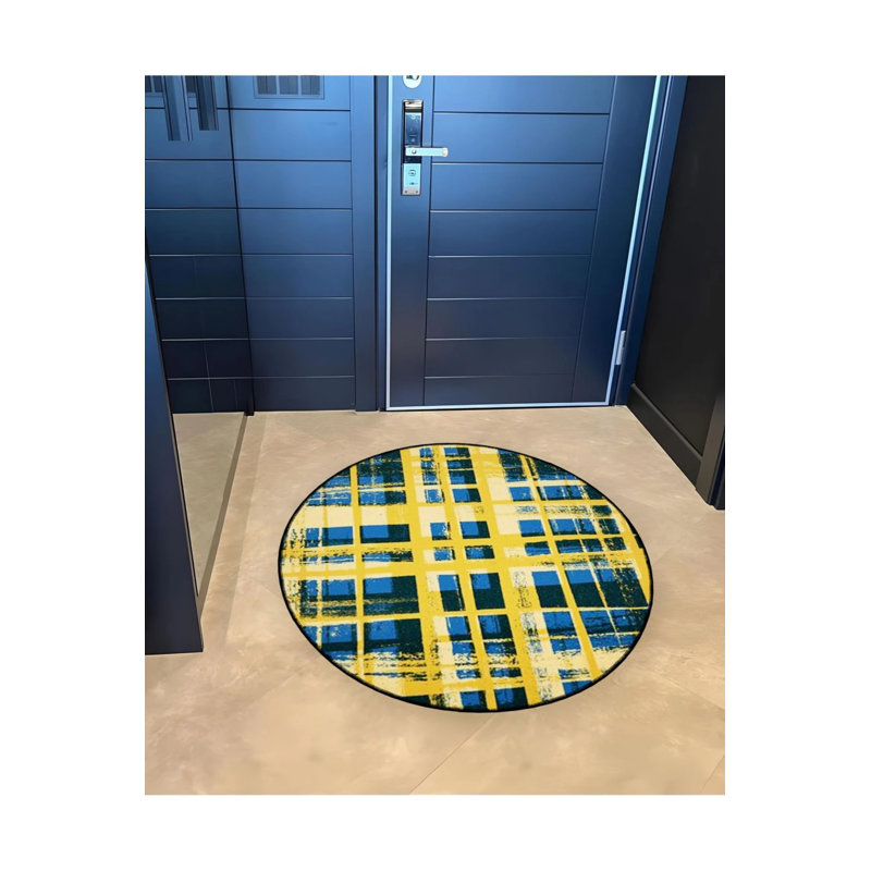 Yellow And Navy Blue Plaid Detailed Woven Base Modern Decorative Carpet, Round 4'