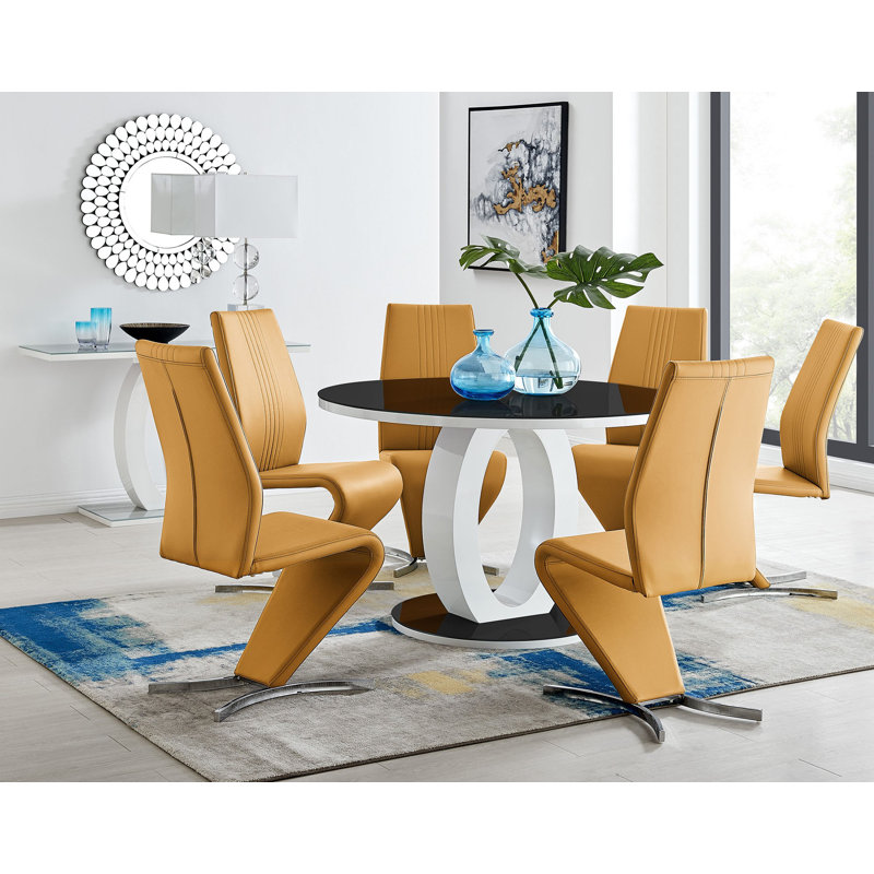 Scottsmoor Modern Halo Seat Round Dining Table Set - 6 Luxury Modern Dining Chairs, Grey, Mustard Yellow