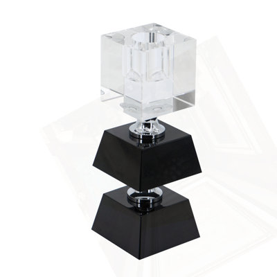 2.4X2.4X5.9" Black And Clear Two Tiered Square Candle Holder