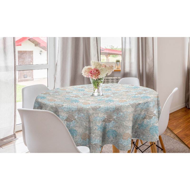 Nautical Round Tablecloth, Pastel Toned Sea Shell Starfish Mollusk Seahorse Coral Reef Motif Design, Circle Table Cloth Cover For Dining Room Kitchen Decoration, 60", Tan Turquoise White