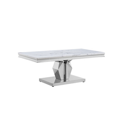 47.25 Inch Faux Marble Coffee Table, Rectangular Marble Top Living Room Table, Side Sofa Table, Modern Center Table with Silver Mirrored Finish Stainless Steel Base for Apartment Home Office