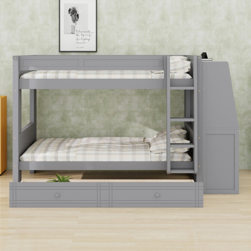 Lit superposé avec bureau, étagères de présentation et tiroirs, Gris
