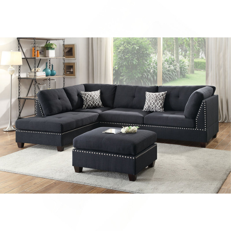 3 pièces Canapé modulaire en polyfibre noir avec méridienne réversible