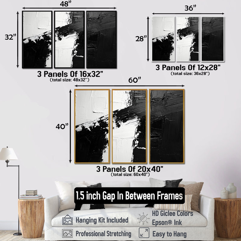 Monochromatique dérive des ombres dans le noir III - art mural transitionnel - ensemble de 3, H 32 po x l 48 po, Blanc
