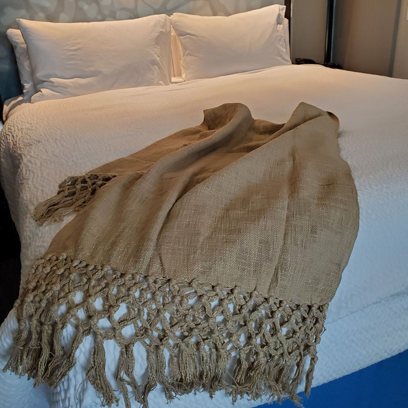 Braden Beige Knitted Cotton Throw Blanket with Fringe