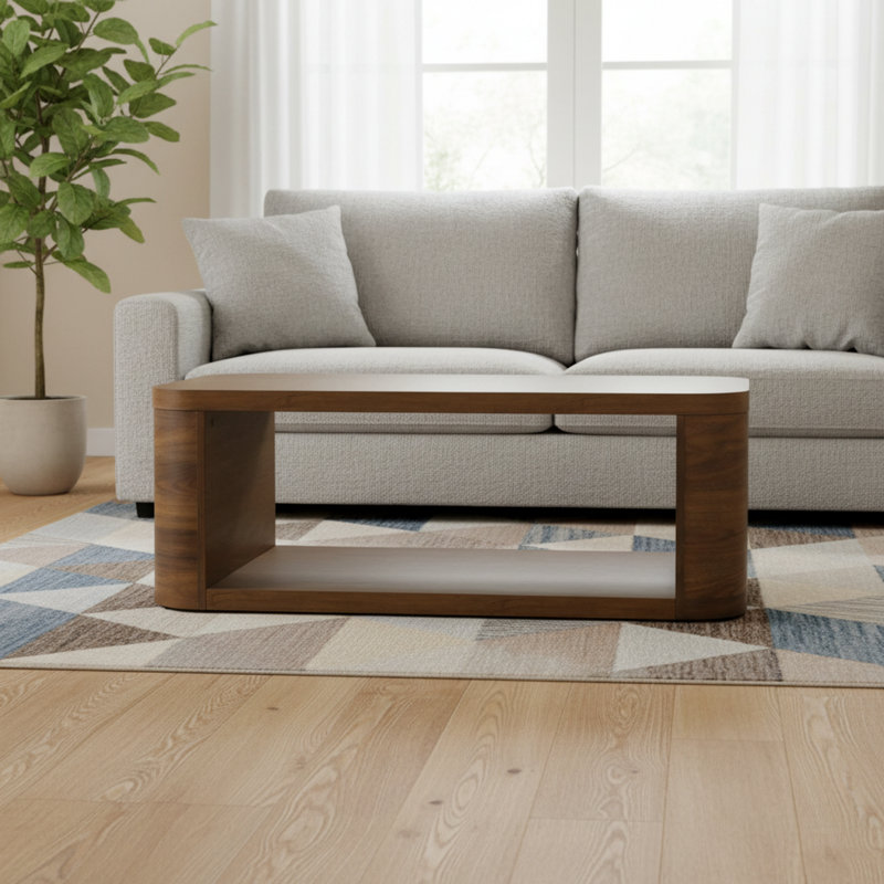 Table basse en placage de noyer avec un large plateau de table