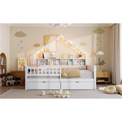 Lit plateforme blanc en bois pleine grandeur avec DEL, tablettes de rangement, tiroirs et garde-corps - Tiroirs de détente sécuritaires, durables
