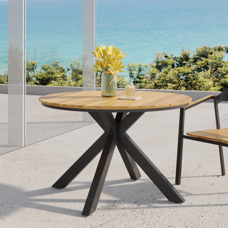Outdoor Dining Table, Teak Acacia Wood Tabletop with Black Metal Legs, Teak