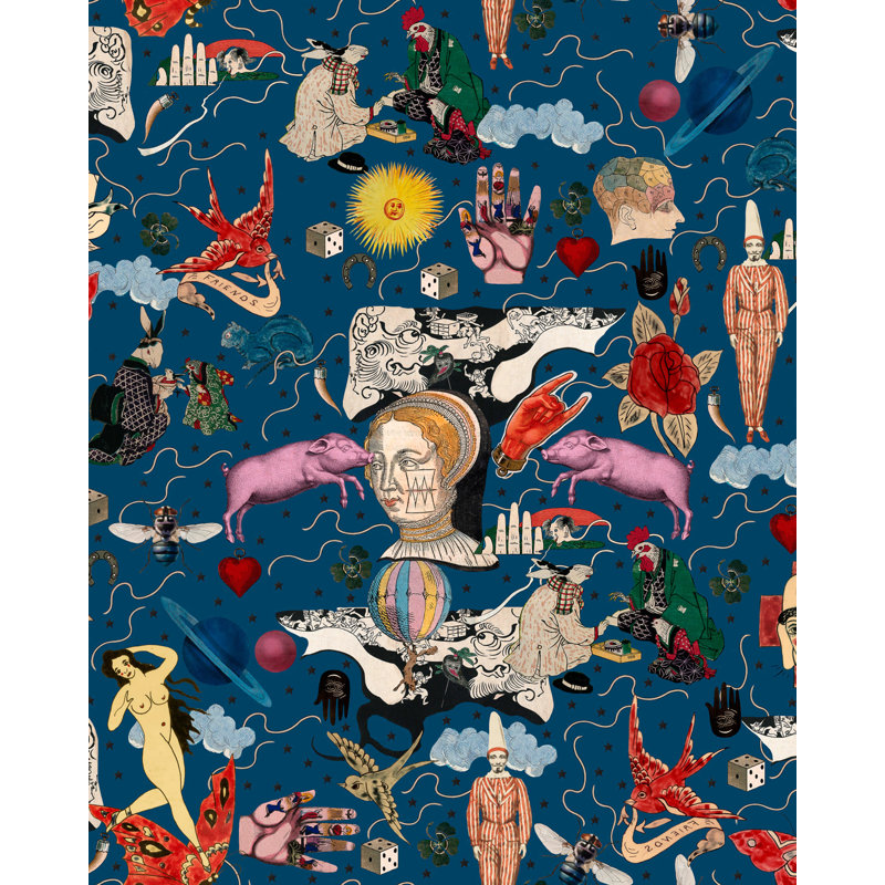 Woodstock Lifestyle Wallpaper Roll, Black/Blue/Pink/Red