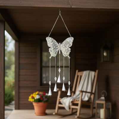 Decorative Shimmering Butterfly Hanging Bell Windchimes for Outdoor and Yard Decor - Garden Art Wind Chimes for Home and Patio Decor - 26", Silver