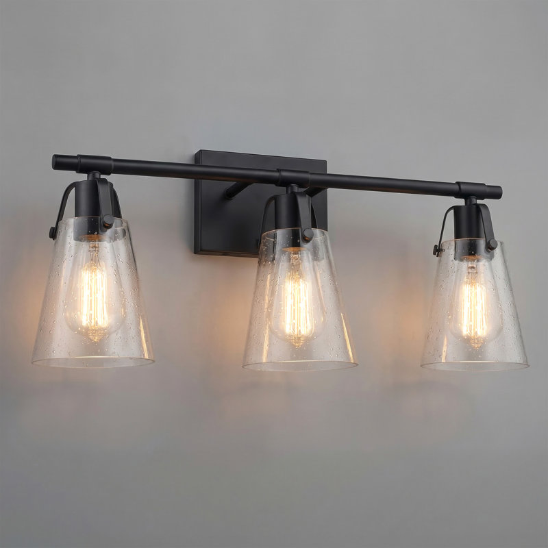 Éclairage pour meuble-lavabo moderne Alysa avec abat-jour en verre bullé, Noir mat, Trois lumières